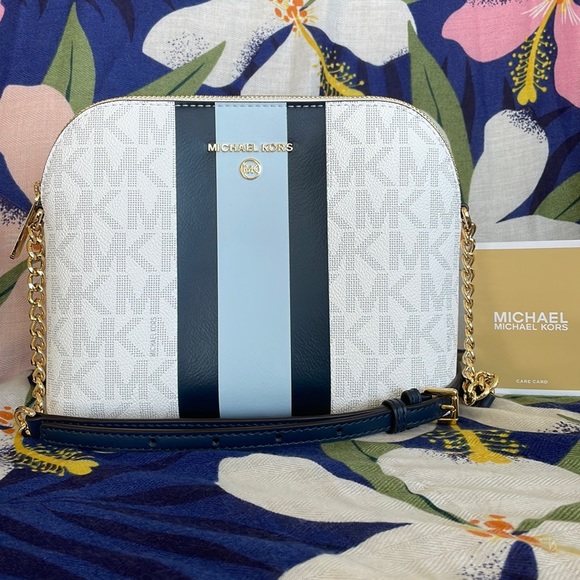 Michael Kors Handbags - Brand New Michael Kors Center Stripe White Navy Blue Large Dome Crossbody Purse